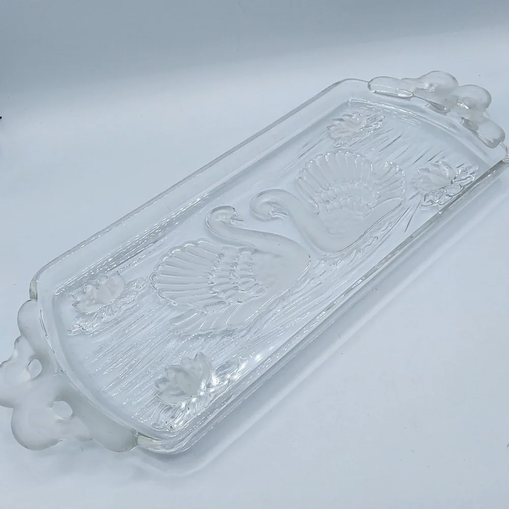 Vintage Mikasa Crystal Glass Tray w/Swan & Lotus Design